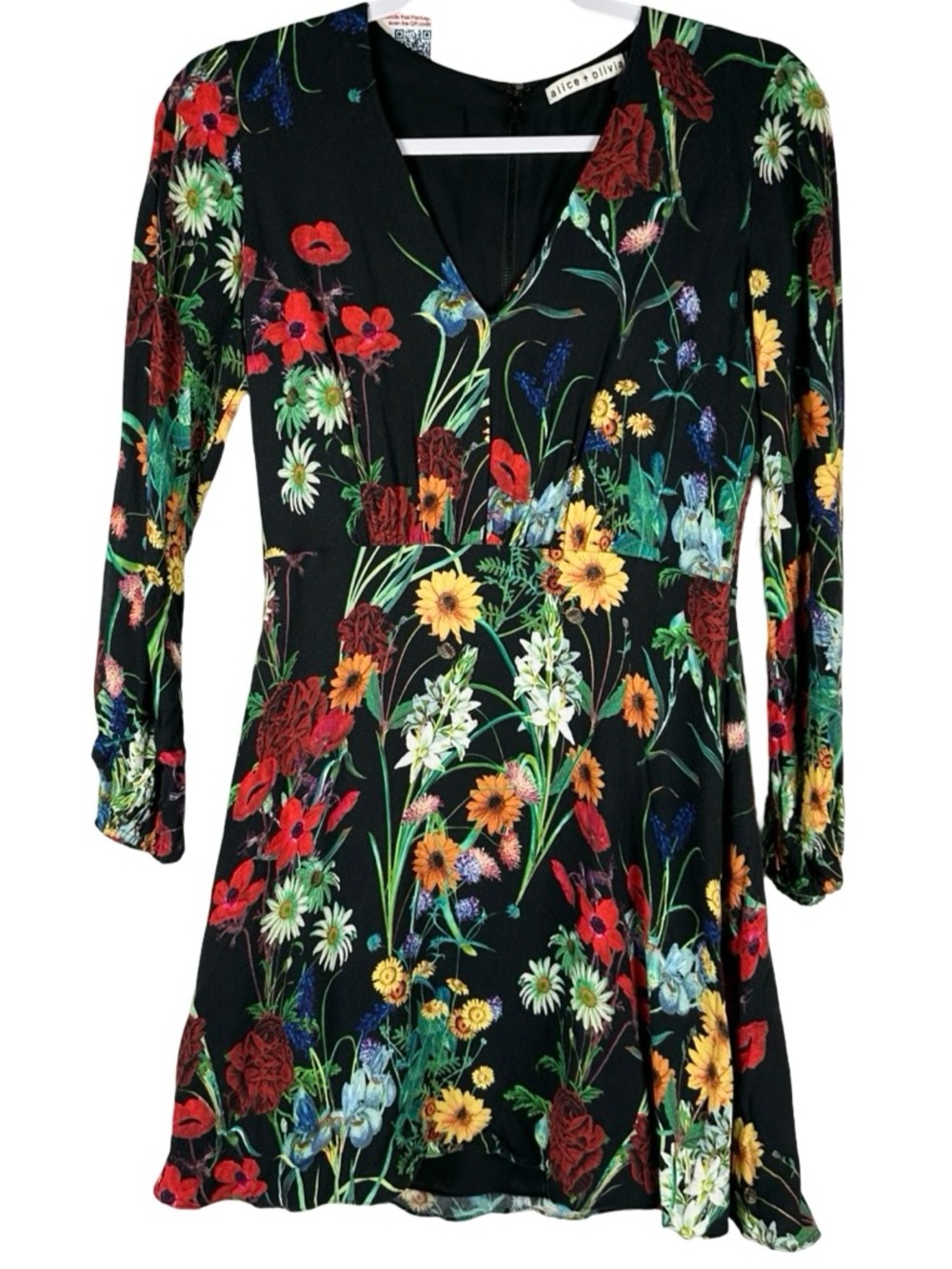 Alice + Olivia Cary Black 70s Dark Floral Print Long Sleeve Mini Dress Size 2 - Picture 2 of 10